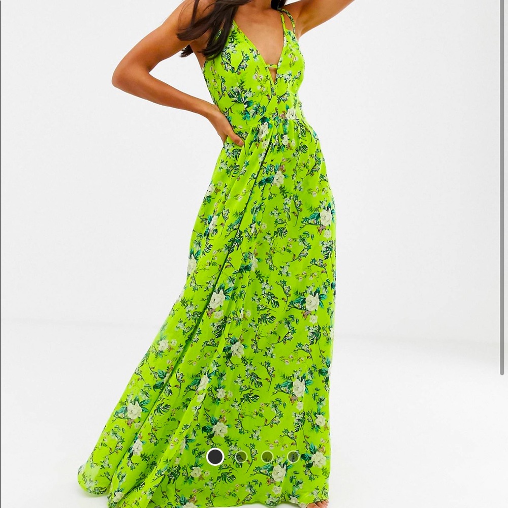 Floor length, floral, maxi dress.